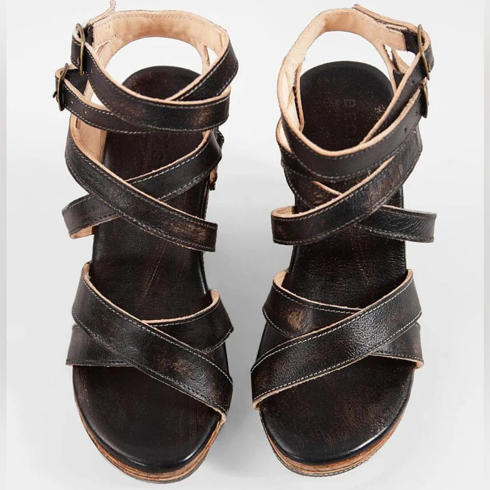 BedStu Juliana Black Leather Platform Wedge Sandals sz 11 New w Box - Picture 5 of 12
